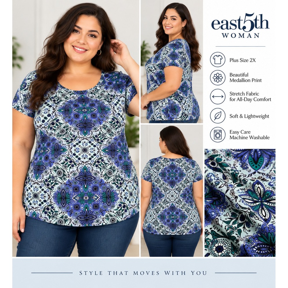 East 5th Woman Blouse Top Womens 2X Purple Green Mandala Medallion Geometric SS
